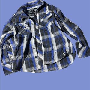 Plaid Kids Button Down Shirt in Blue and Black #455